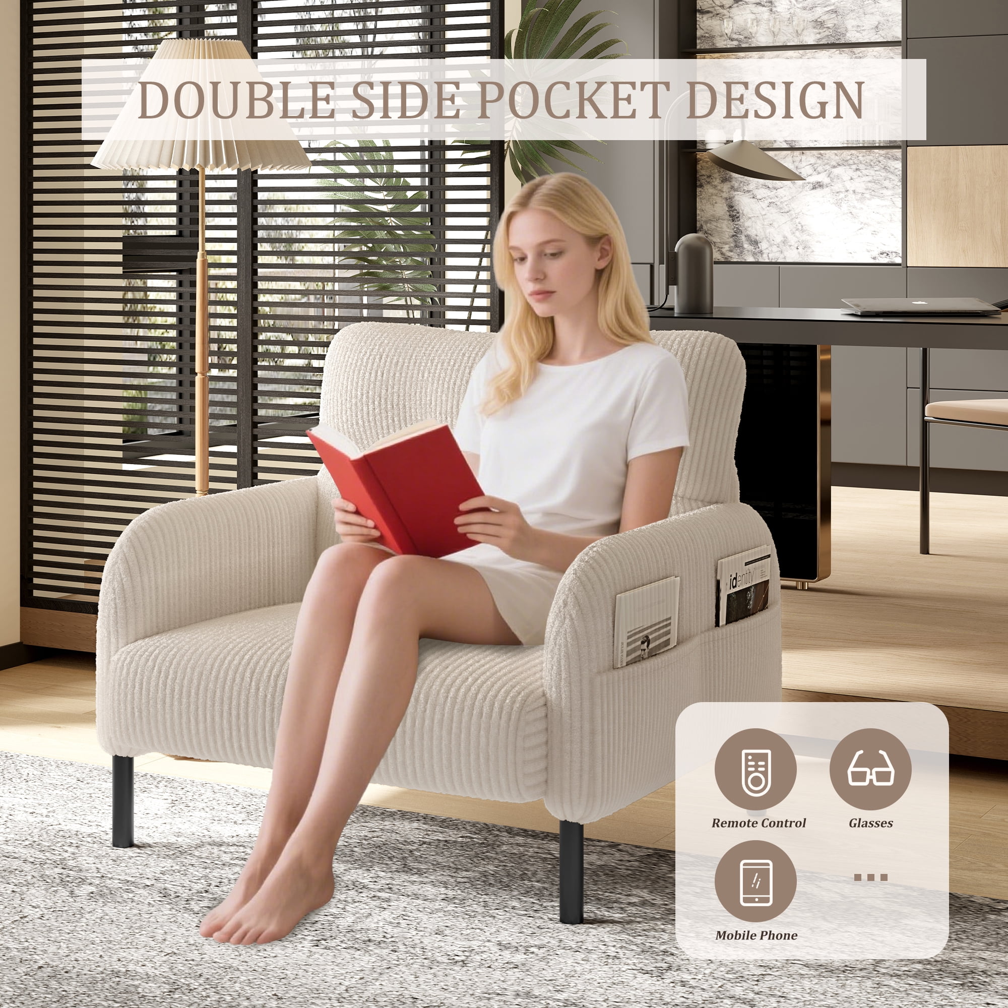 MOONMISS Corduroy Upholstered Comfortable Single Wood Frame Armchair for Living room and Bedroom-Beige