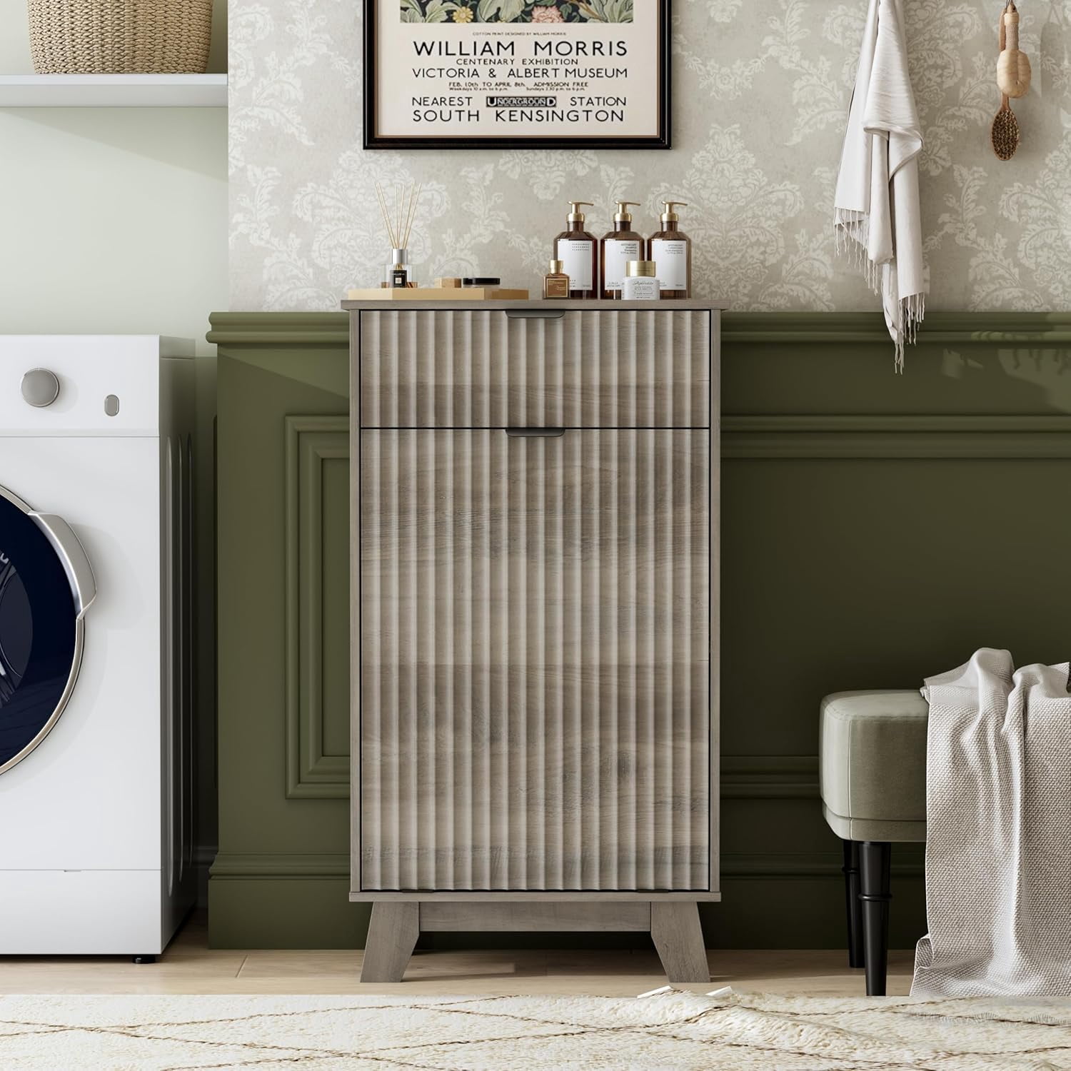 FANRAL Single Tilt Out Laundry Hamper Cabinet,10 Gallon Wooden Hidden Storage Cabinet,Fluted Trash Can for Bathroom Kitchen Living Room,Gray Laundry Basket Cabinet