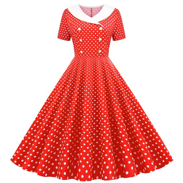 Dvprdro Robe de Bal pour Femme Invitée de Mariage Mode Vintage à Pois Imprimée Manches Courtes Ligne A Évasée Cocktail Fête Robe Midi