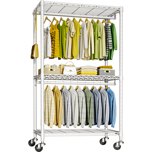 FUTASSI 39-Inch Rolling Garment Rack,  with Adjustable Shelves and Double Rods, White