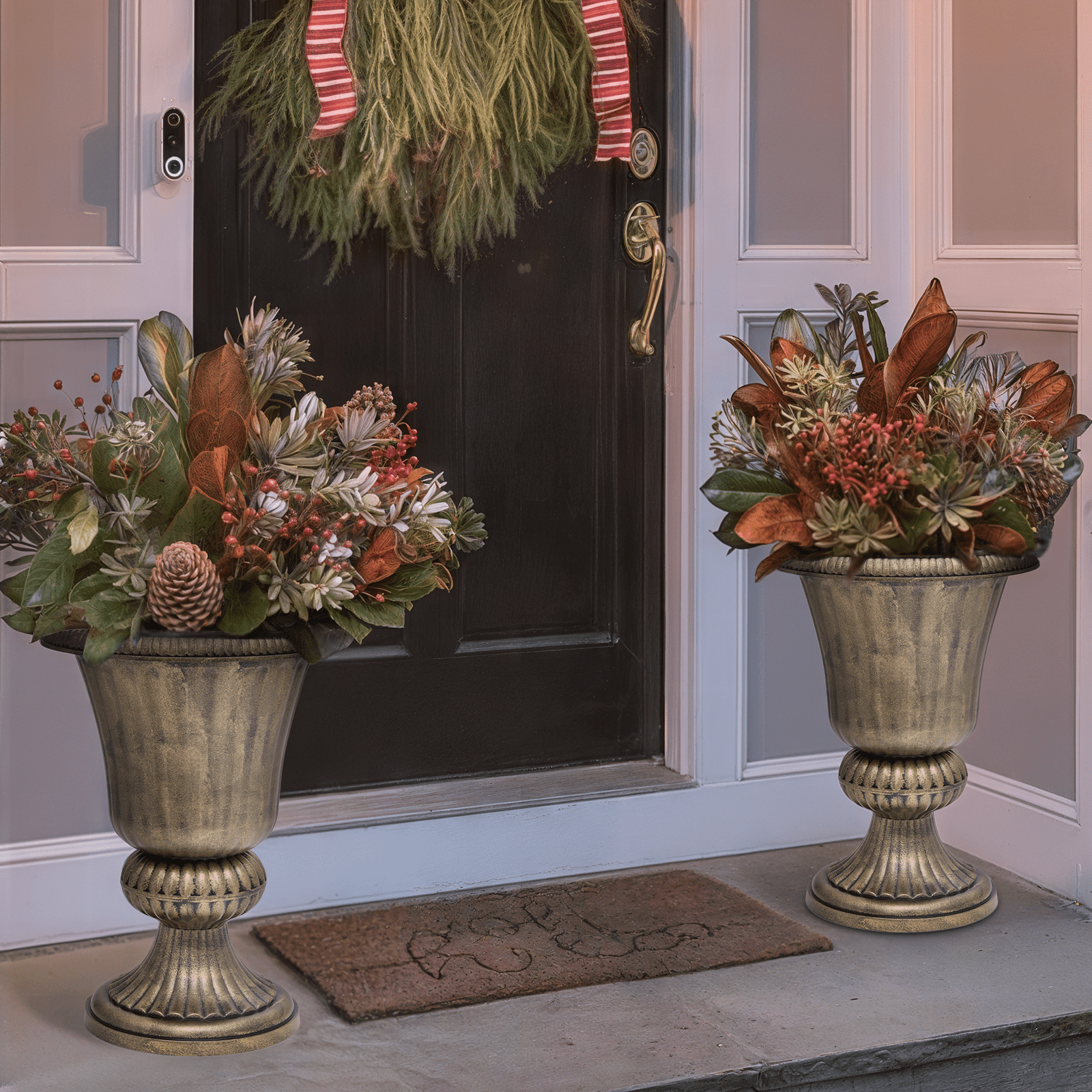 MoNiBloom 20" Plastic Urn Planter Vase for Outdoor Indoor Plants Garden Patio Vintage Decorative Pedestal Roman Flower Pot Decoration Retro Home Front Porch Door Decor (Antique Brass)