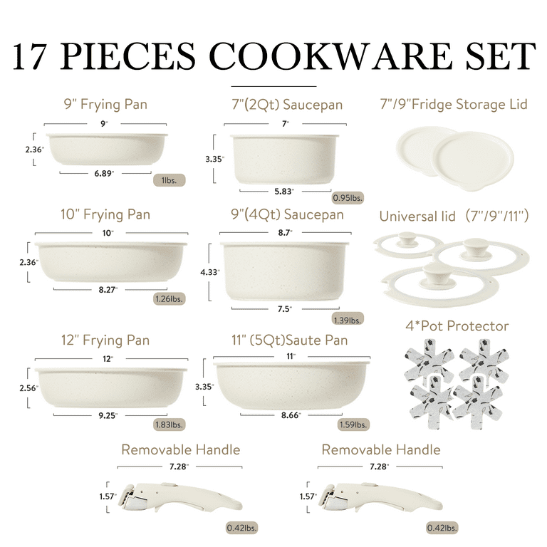 Carote Nonstick Cookware Sets, 17 Pcs Granite Non Stick Pots and Pans Set  with Removable Handle 