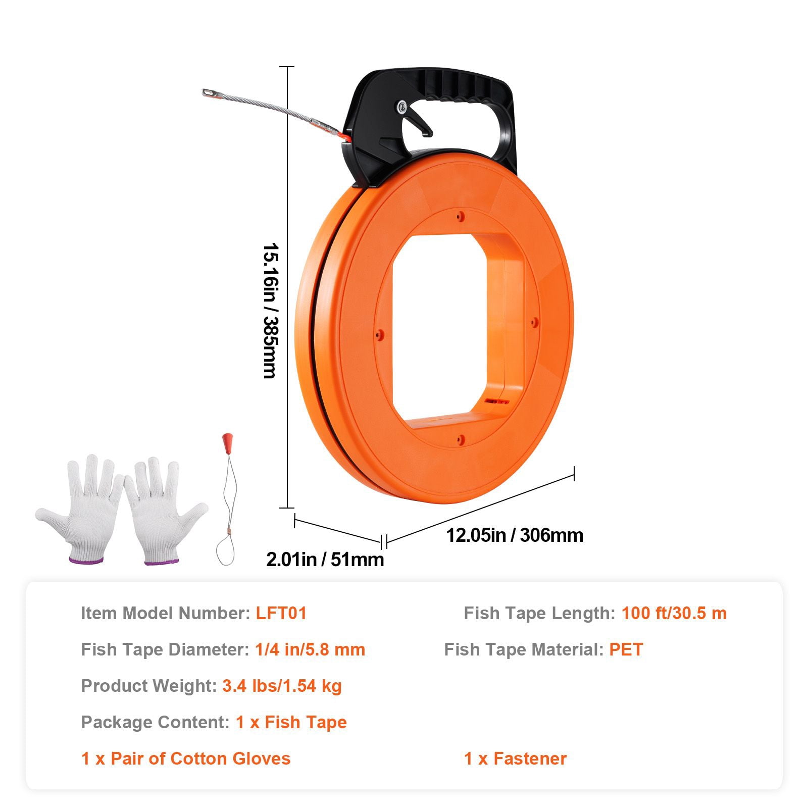 Non-Conductive Fish Tape 100ft 1/4 Inch PET Guide Wire with Thumb Lock for Electrical Cable Pulling