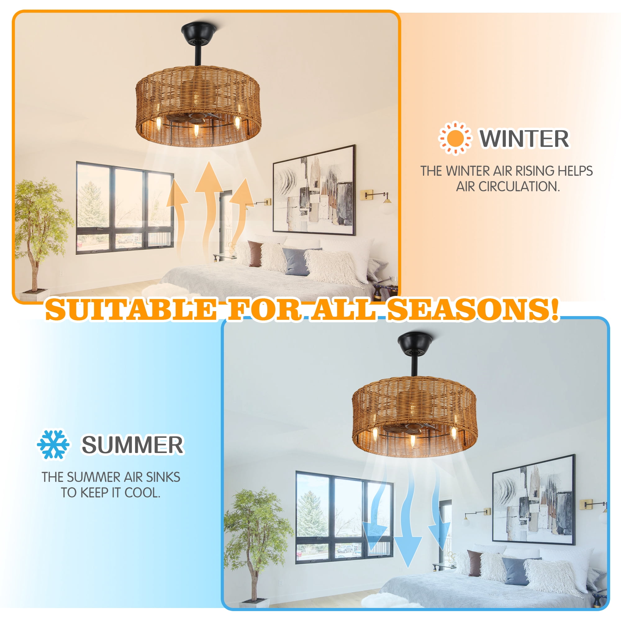 18" Bohemia Rattan Ceiling Fan with Light and Remote Control 6-speed Reversible DC Motor Farmhouse Chandelier for Bedroom