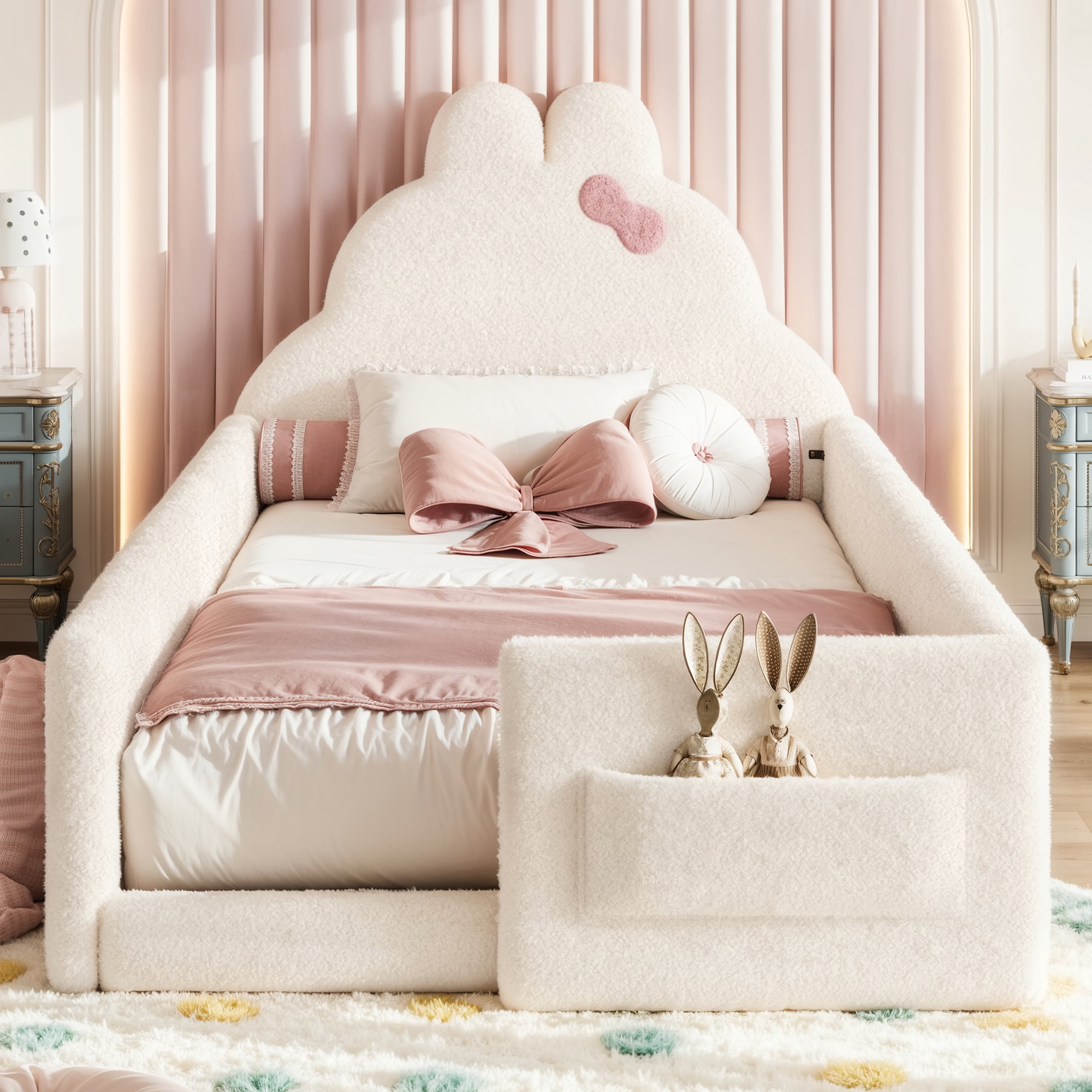 HOQBN Twin Size Upholstered Floor Bed Frame, Soft Padded Upholstered Kids Bed, Safe Children Bed Frame with Side Storage Pocket for Bedroom Beige