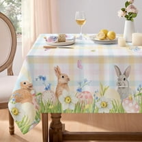 Spring Easter Tablecloth Rectangle - Bunny & Eggs Buffalo Plaid Flower Table Cloth, Stain Resistant Wrinkle Free Table Cover for Dinner/Party/Picnic/Outdoor, Gradient Checkered 60 x 102 Inch