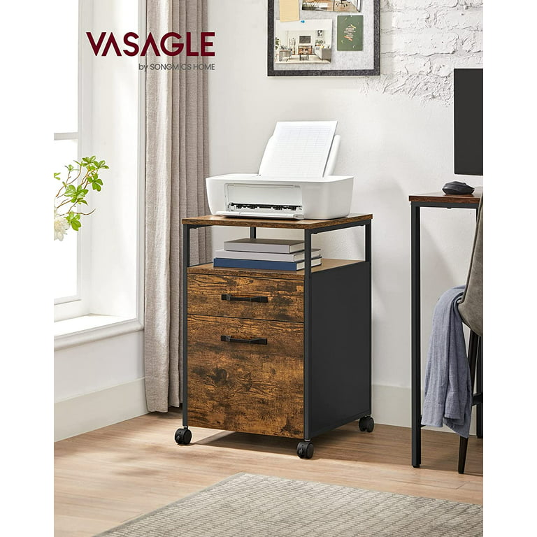 VASAGLE File Cabinet Mobile Filing Cabinet with Wheels 2 Drawers Open Shelf  for Office Rustic Brown and Black 