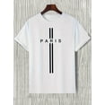 thumbnail image 3 of Men's Paris Letter Print Crew Neck T-Shirt - Breathable, Casual Street Style Short Sleeve Top, Cotton, Ideal for Spring/Summer Vacations, Great Gift Choice, Vacation Apparel | Modern Casual Look, 3 of 7