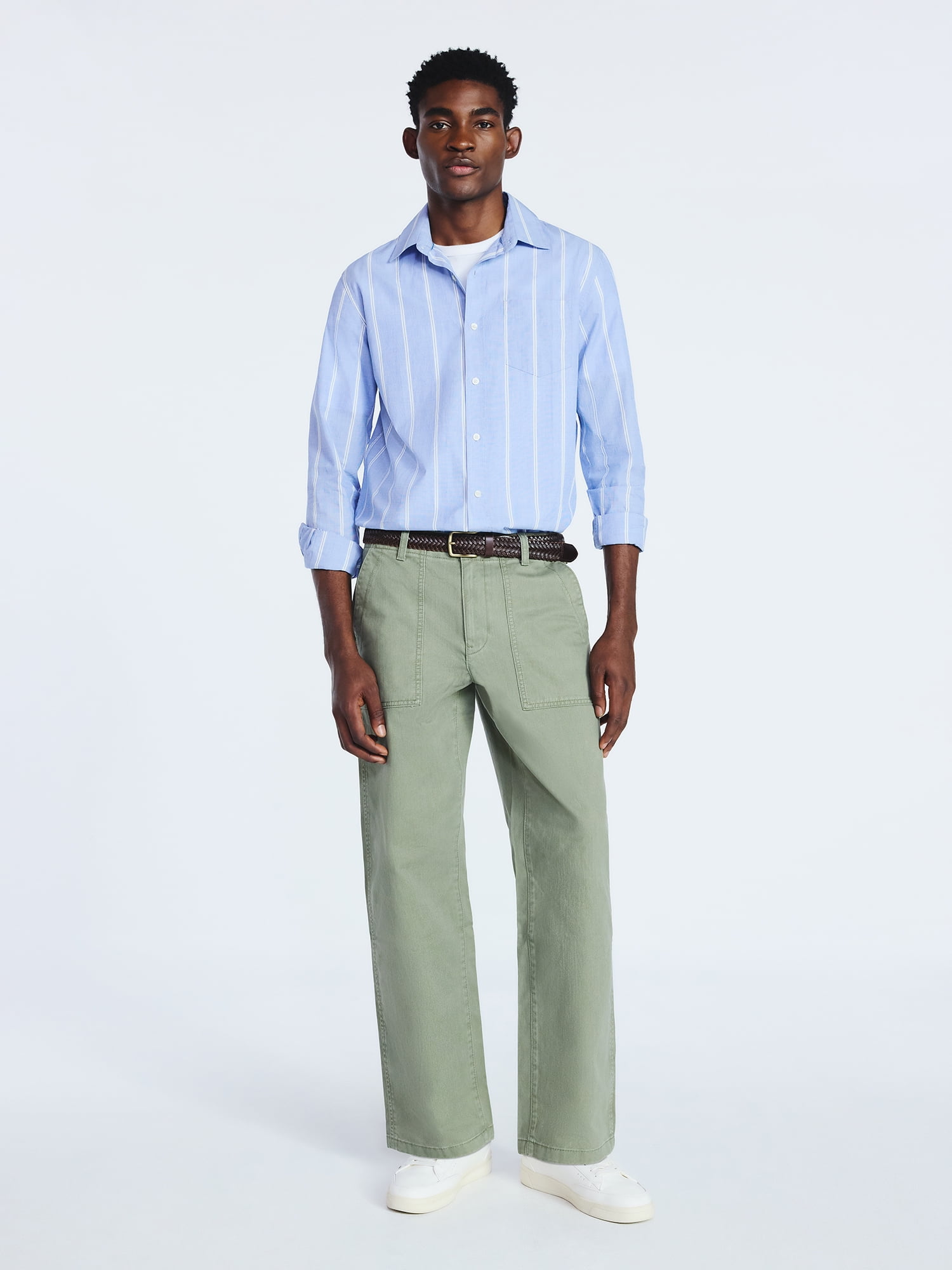 Free Assembly Men's Cotton Poplin Button Front Shirt with Long Sleeves, Sizes S-3XL