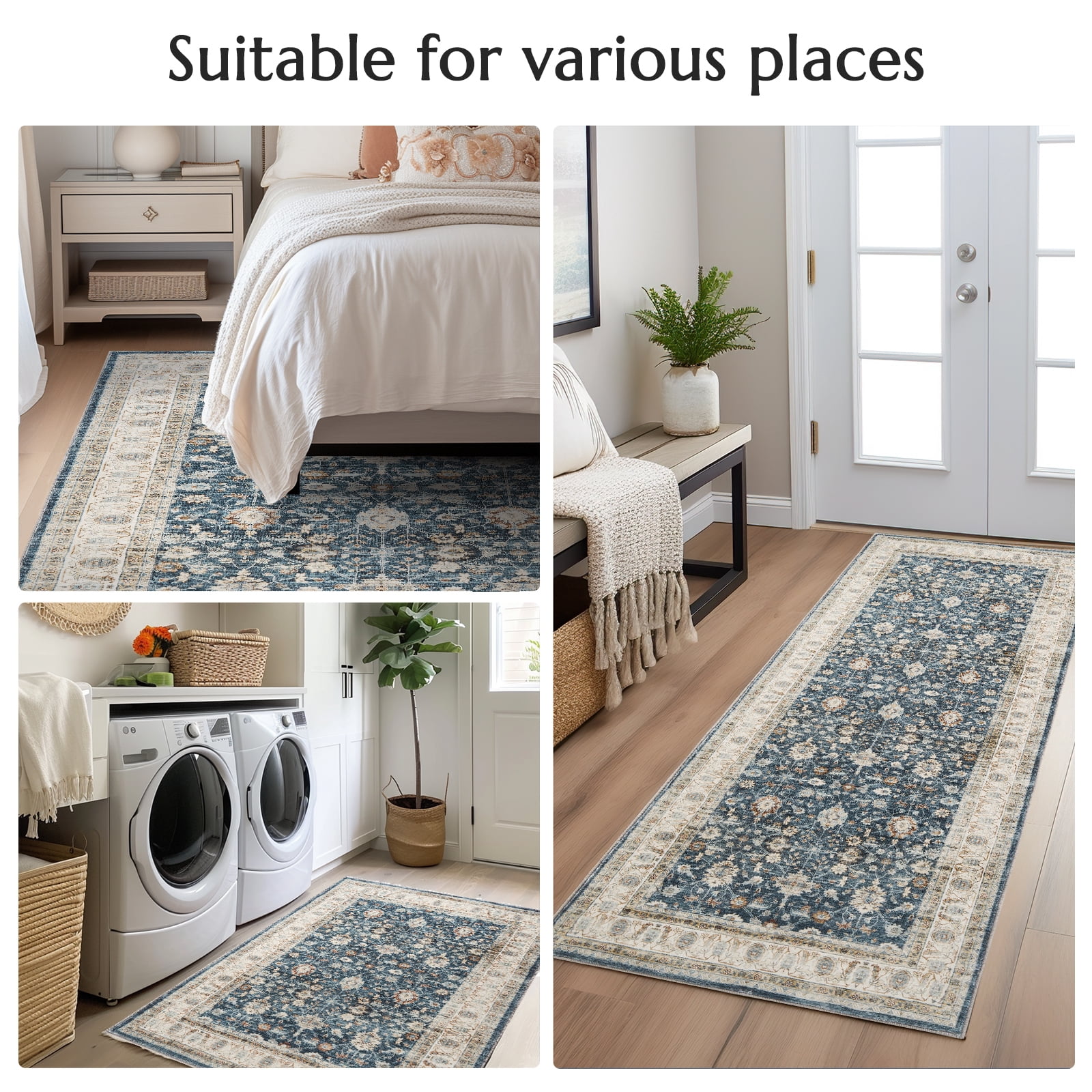 RUGKING Thin Vintage Large Area Rug Washable Rug 8'x10' Area Rugs for Bedroom Non Slip Backing Rug, Blue