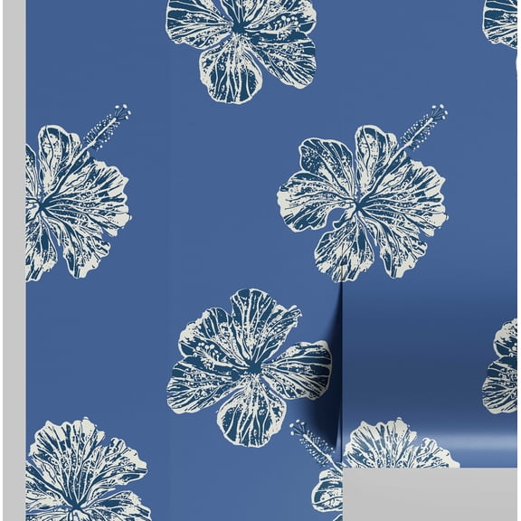 S4Sassy Hibiscus Flower Wallpaper - Blue Wall Covering, 25" x 120" Self-Adhesive Vinyl Wall Paper, Decorative Walls Wrap, Easy DIY Walls Covering For Bedroom, Living Room, Living Space