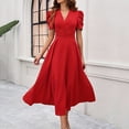 thumbnail image 6 of Bxsruta Womens Maxi Dress V Neck Short Puff Sleeve Pleated Flowy Casual Dresses for Women Vacation, 6 of 7