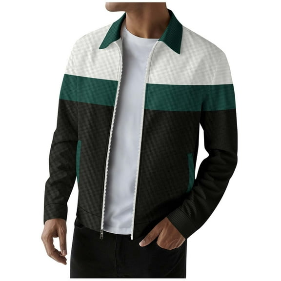 Timoontee Men's Jacket Coat Casual Long Sleeve Lapel Collar Jacket Color Block Waffle Textured Pocket Zip Up Jacket Fall Fashion Clothes Green L
