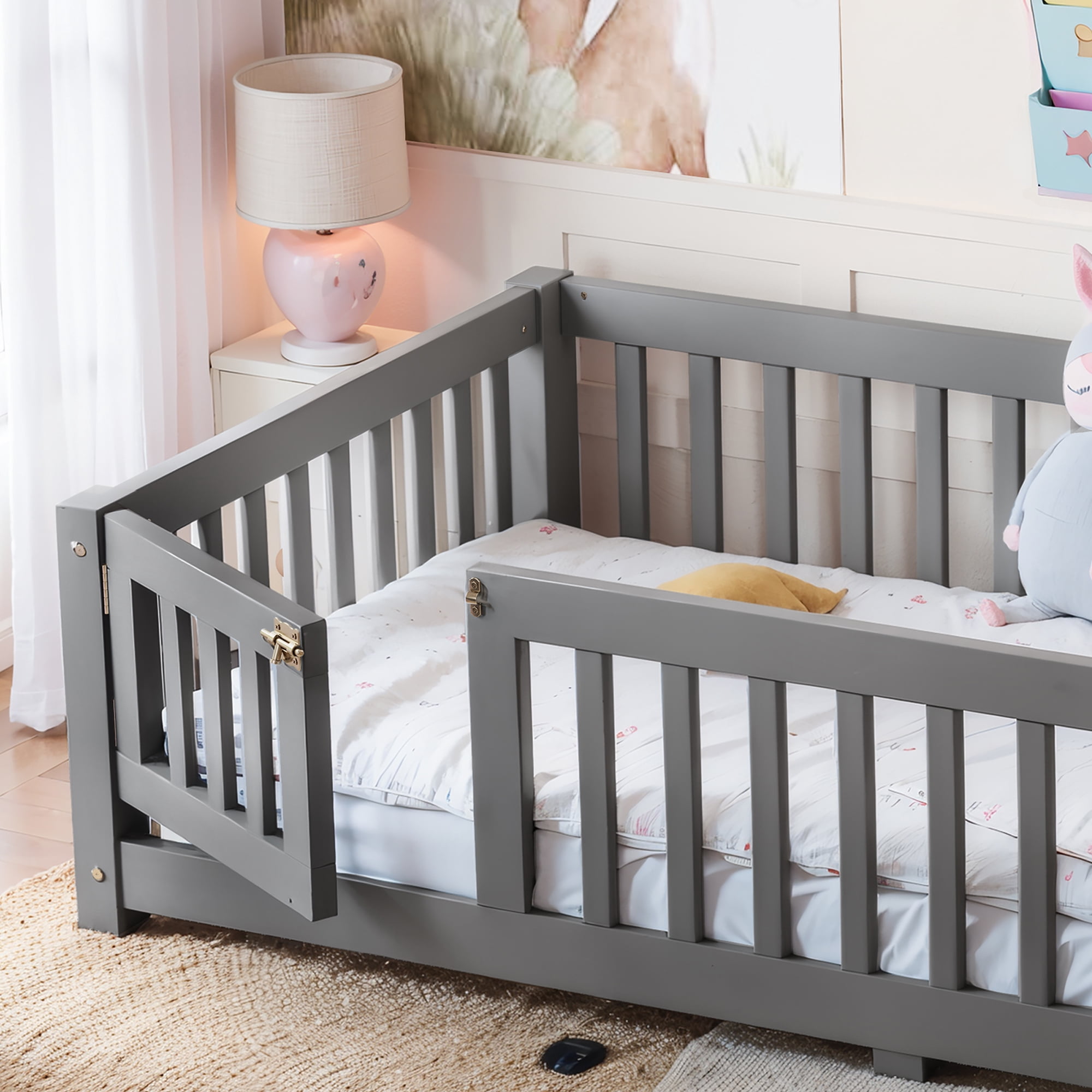 Twin Size Bed Floor Bed with Safety Guardrails and Door for Kids, Gray