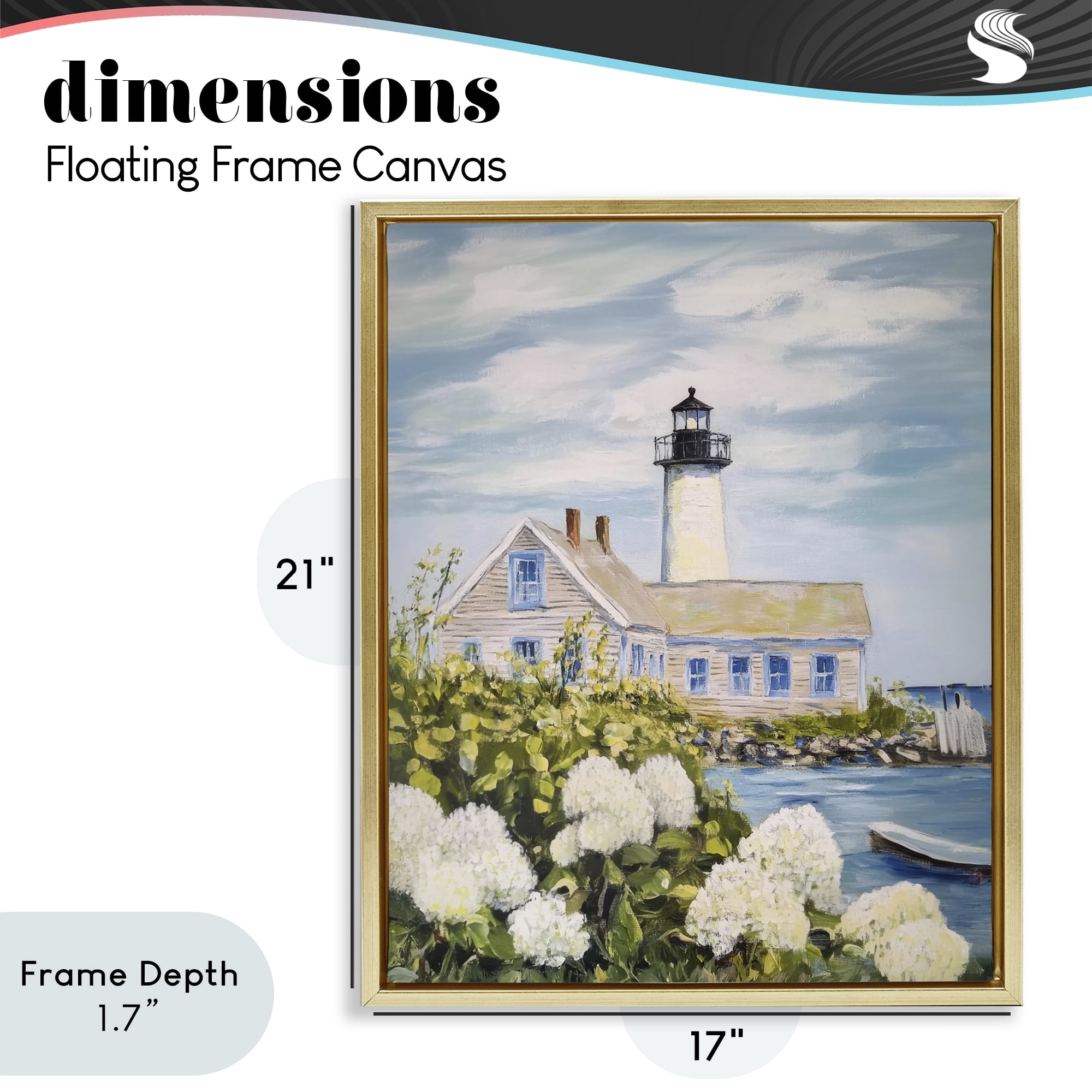 Stupell Industries Lighthouse Scenery with Hydrangeas Gold Framed Floater Canvas Wall Art, design by Sisi and Seb