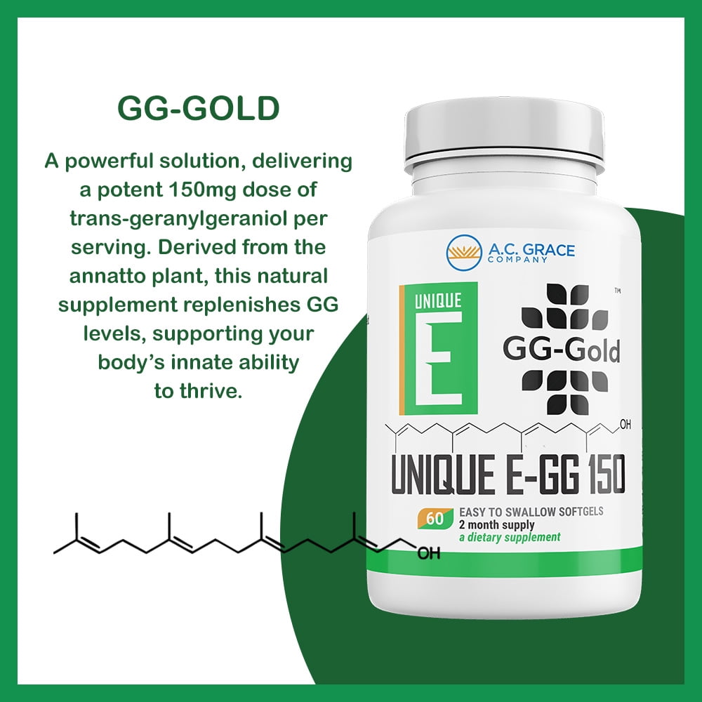 UNIQUE E A.C. Grace Company GG-Gold - 150mg Geranylgeraniol Supplement - Premium Annatto-Derived GG for Statin Users, Cellular Energy, Muscle & Bone Health - 60 Softgels