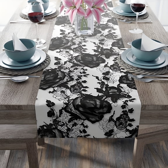 AUQ 2026 New Elegant Black Gothic Lace Table Runner with Roses - Perfect for Any Occasion - Machine-Made Polyester Material Runners for Tables Elegant for Table,Home,Wedding,Party,Event