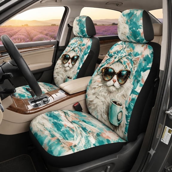 Emacom Ltd Funny Cat Front Car Seat Covers, Cute Cat Sunglasses Coffee Auto Seat Protectors, Colorful Cat Car Interior Accessories