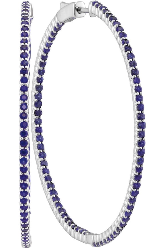 14kt White Gold Womens Round Blue Sapphire Large Slender Inside Outside Hoop Earrings 4-1/3 Cttw = 4.33 Cttw (I2 Clarity, round cut)