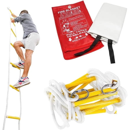 Emergency Escape Rope Ladder 3 Story 25ft + Fireproof Blanket 47*70 in for Home / Life Saving Equipment for Family