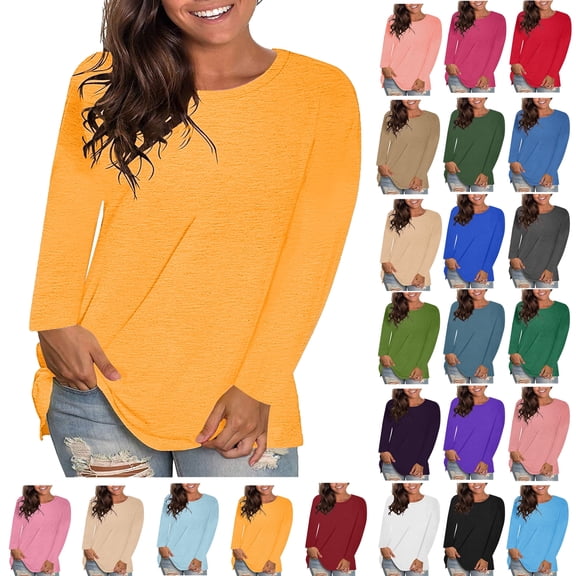 Womens Blouses Plus Size Tops Trendy Fashion Causal Solid Loose Long Sleeve Crew Neck T-shirt Plus Size Pullover Tops Clothes Size xxl