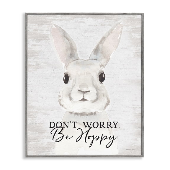 Don't Worry Be Hoppy Easter Bunny Rabbit Pun Gray Framed Giclee Art, 16 x 20, By Lettered and Lined