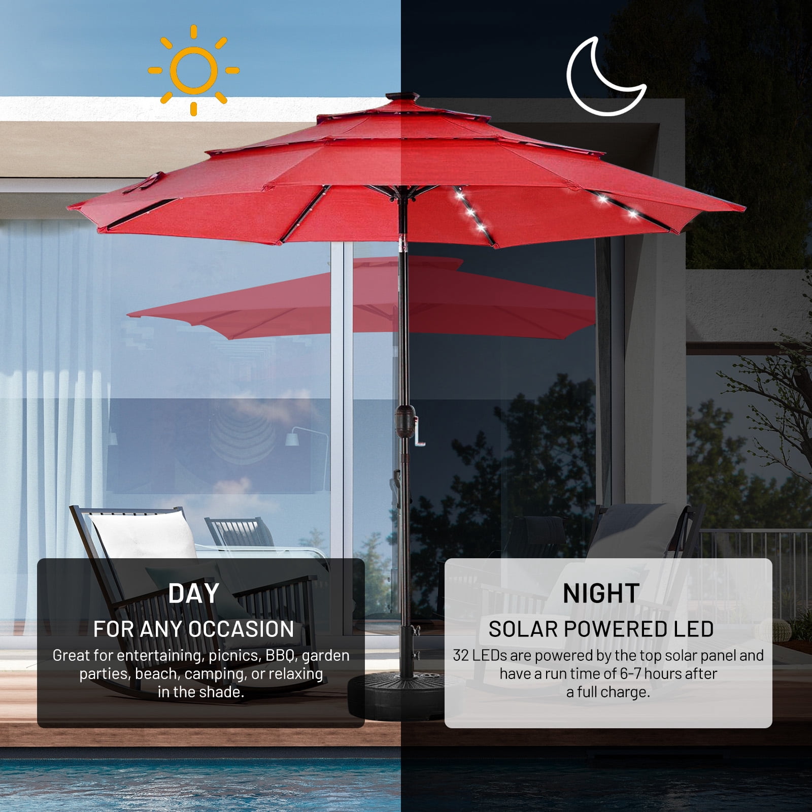9.2 ft Outdoor Patio Umbrella with Crank and Push-Button Tilt, Market Umbrella with 8 Sturdy Ribs for Deck, Pool, Porch, Garden, Red