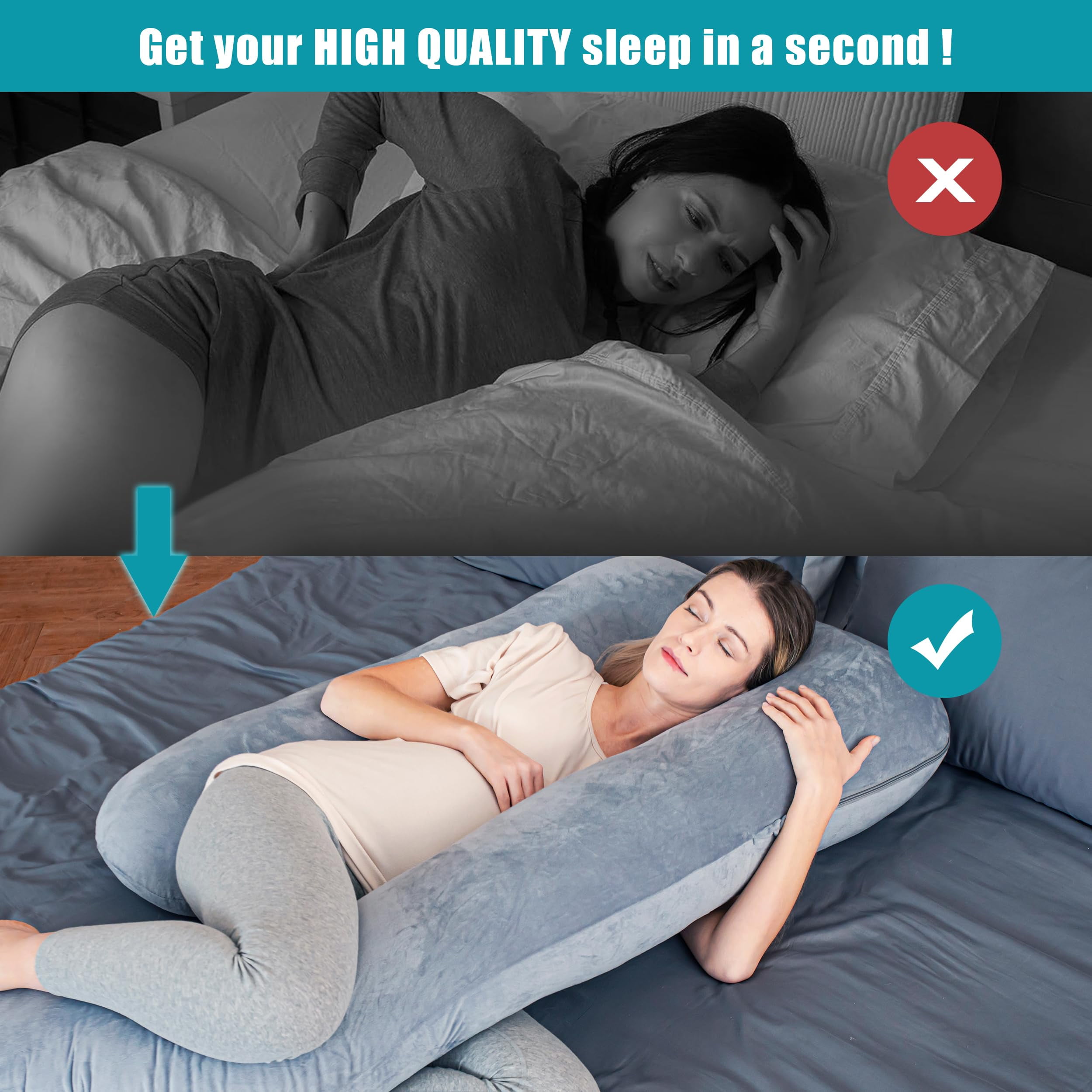 60-inch J-Shaped Pregnancy Pillow, Full Body Maternity Pillow for Side Sleepers, Soft Velvet Removable Washable Cover, Back Hip Leg Support