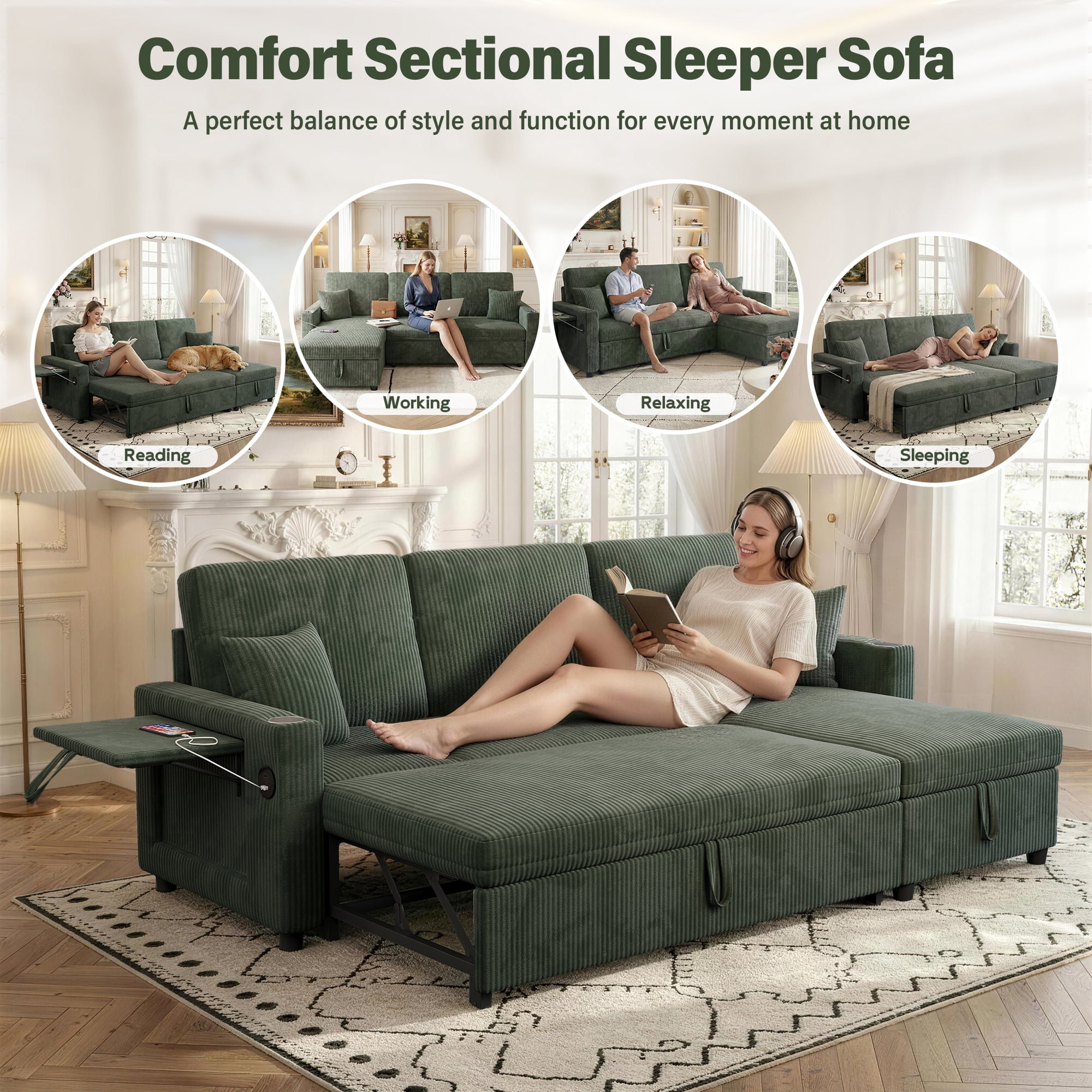 Aukfa 83" L-Shaped Sleeper Sleeper Sofa with Storage Chaise & Rotating Side Table, L-Shaped Corduroy Convertible Couch with USB/Type-C Ports,Green