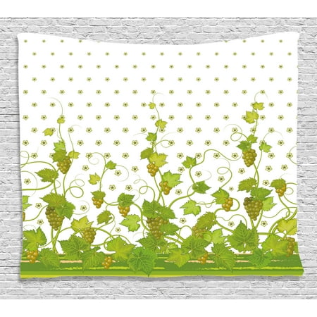 Grape Decor - Grapes Home Decor Tapestry, Flowers Cluster Sherry Leaf Province Garden Retro Refreshing Tasty Countryside, Wall Hanging for Bedroom Living Room Dorm Decor, 60W X 40L Inches, Green, by Ambesonne