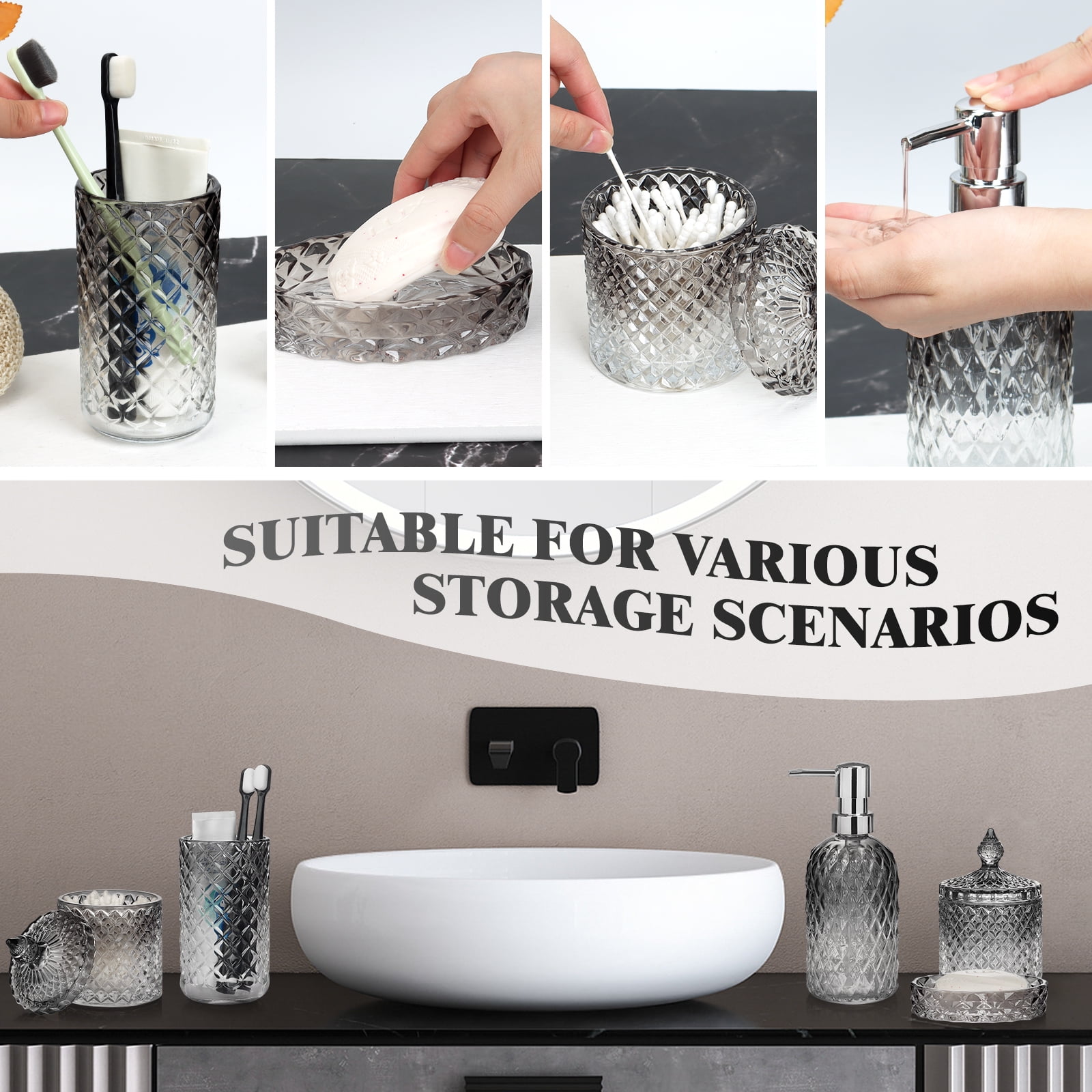 Bathroom Soap Dispenser Set, 5-Piece Glass Bathroom Accessories, Modern Bathroom Decor, Bathroom Glass Accessories Set, Gradient Dark Gray