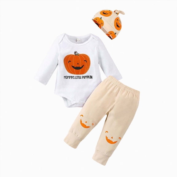 TOWED22 Baby Boy Halloween Outfit Newborn Pumpkin Romper Pumpkin Pants Hat Infant Boys First Halloween Outfit,White,0-3 M