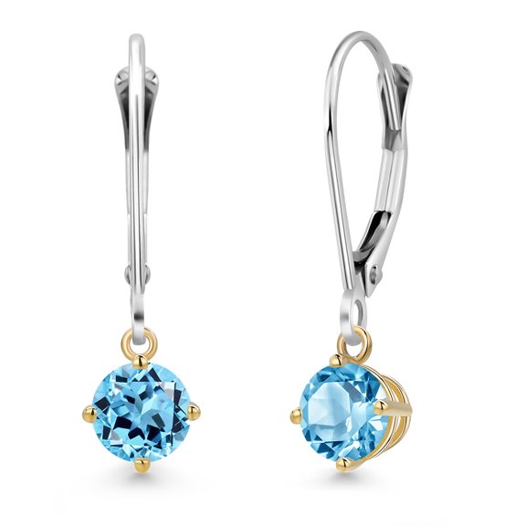 Gem Stone King 925 Silver and 10K Yellow Gold Swiss Blue Topaz Dangle Earrings for Women | 1.30 Cttw | Gemstone November Birthstone | Round 5MM