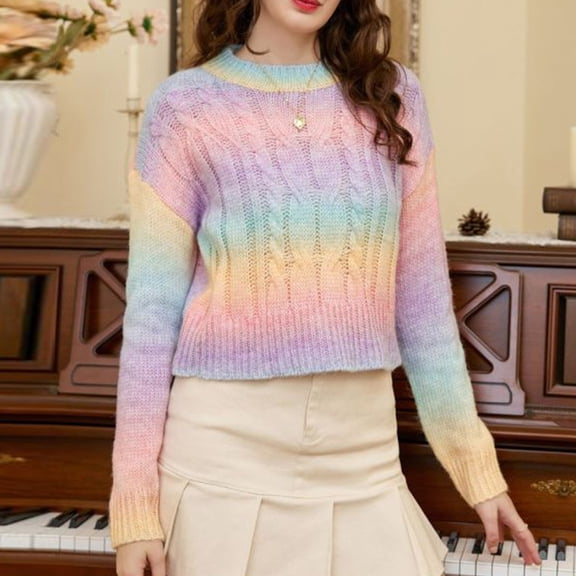Qepwscx Knit Top for Women 2025 Long Sleeve Sweaters Crew Neck Chunky Knitted Shirts Fall Winter Stripe Print Pullover Sweater Trendy Going Out Top Sweatshirt Loose Jumperes Tops Outerwear