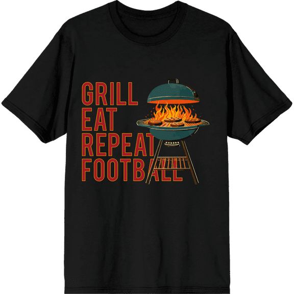 Grill, Eat, Repeat, Football Adult Black Crew Neck Short Sleeve Tee-Medium
