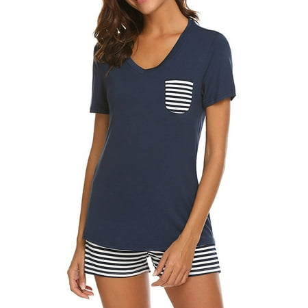 

DxhmoneyHX Women s Shorts Pajama Set Short Sleeve T Shirts and Stripe Shorts Sleepwear Casual Nightwear Pjs with Chest