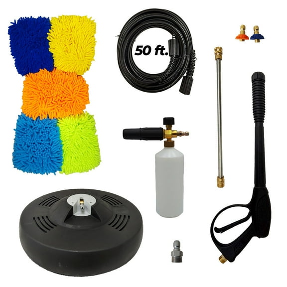 Proven Part 15" Surface Cleaner 3200 PSI, 50' Hose 1/4" M22xM22, Second Story Chemical Nozzle, Foam Lance, Coupler 3/8" Male Plug M22 Male, 5 Microfiber Mitts and 4000PSI Gun and Wand kit