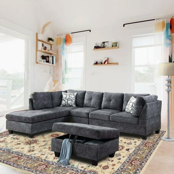 Cosmic Homes Sentinel Ensemble de Canapé Sectionnel 4 Pcs en Velours Gris avec Méridienne LHF et Pouf de Rangement – Ensemble de Meubles de Salon Moderne