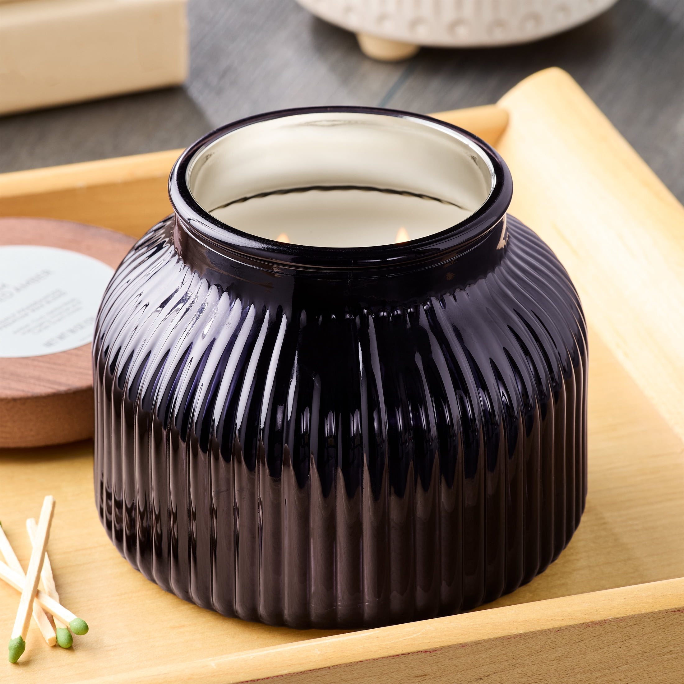 Better Homes & Gardens Warm Leathered Amber Jar Candle, 18 oz, 2 Cotton Wicks, Ribbed Mercury Glass Jar with Wooden Lid