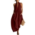 thumbnail image 4 of Guieoi Summer Dresses for Women under $10 Plus Size Flowy Cotton-Linen Halter Neck Pocket Pleated Backless Maxi Dress Red M, 4 of 6