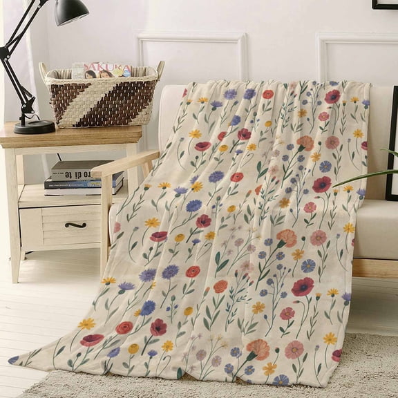 Fleece Blanket Vintage Country Wildflower Floral Blankets, Soft Cozy Warm Flannel Throw Blanket, Retro Beige Blanket for Bed Couch Sofa,40x50In