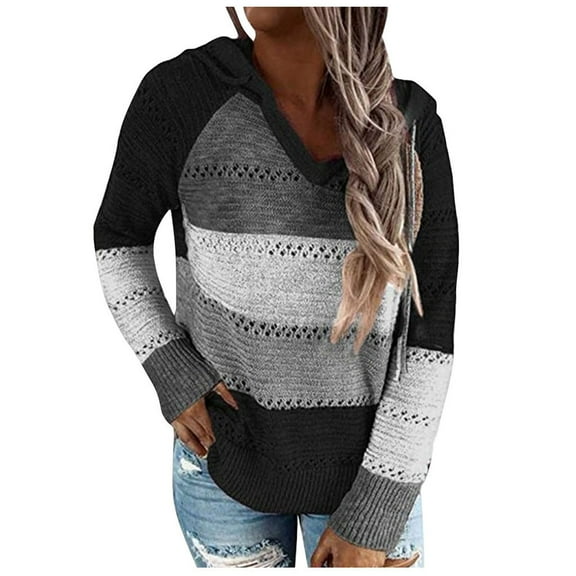 FNFYFH Womens Plus Size Hoodies Color Block Hooded Sweater Knit V Collar Sweatshirt Long Sleeve Pullover Tops