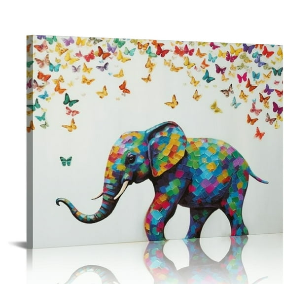 JRXY  Elephant Butterfly Wall Art Colorful Elephant Painting Butterfly Canvas Print Wall Art for Bedroom Canvas 20x16in