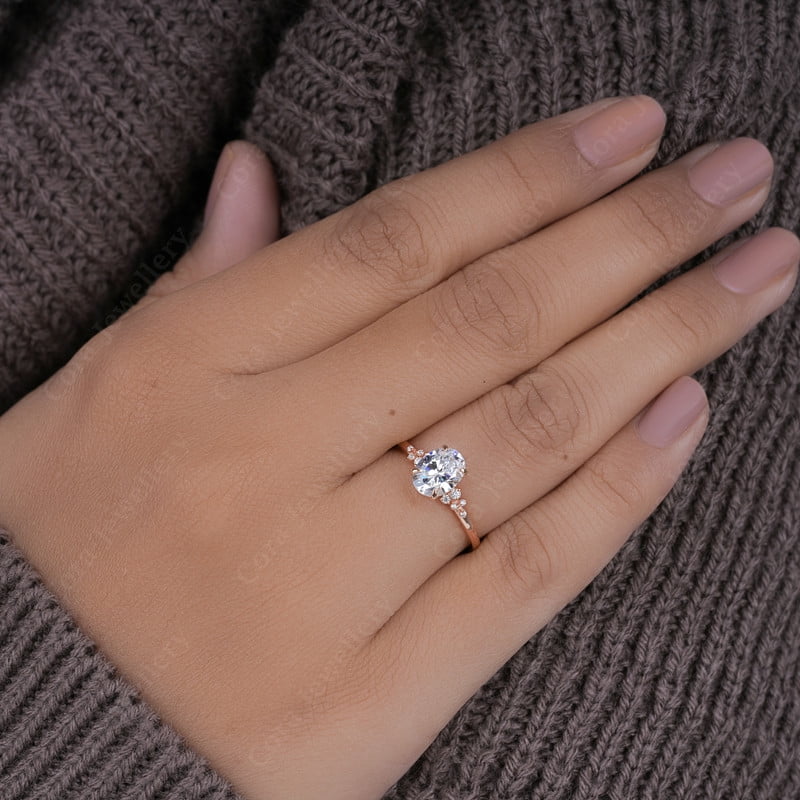 Cora Jewellery 1.35TCW Sonw Drift Oval Moissanite Engagement Ring for Women, 14K Rose Gold, 12 US