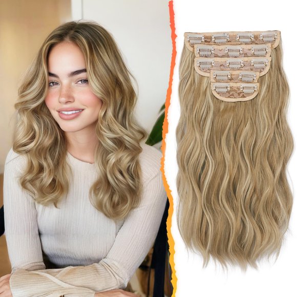 BARSDAR Short Wavy Clip in Hair Extensions - 14 Inch Highlight Hair Extensions Clip ins for Women - 5PCs Thick Soft Synthetic Loose Wave Clip in Hairpieces – Golden Blonde with Highlights