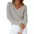thumbnail image 3 of Women Long Sleeve Low Cut Sexy Knitted Wrap V Neck Cross Front Sweater Pullover, 3 of 6