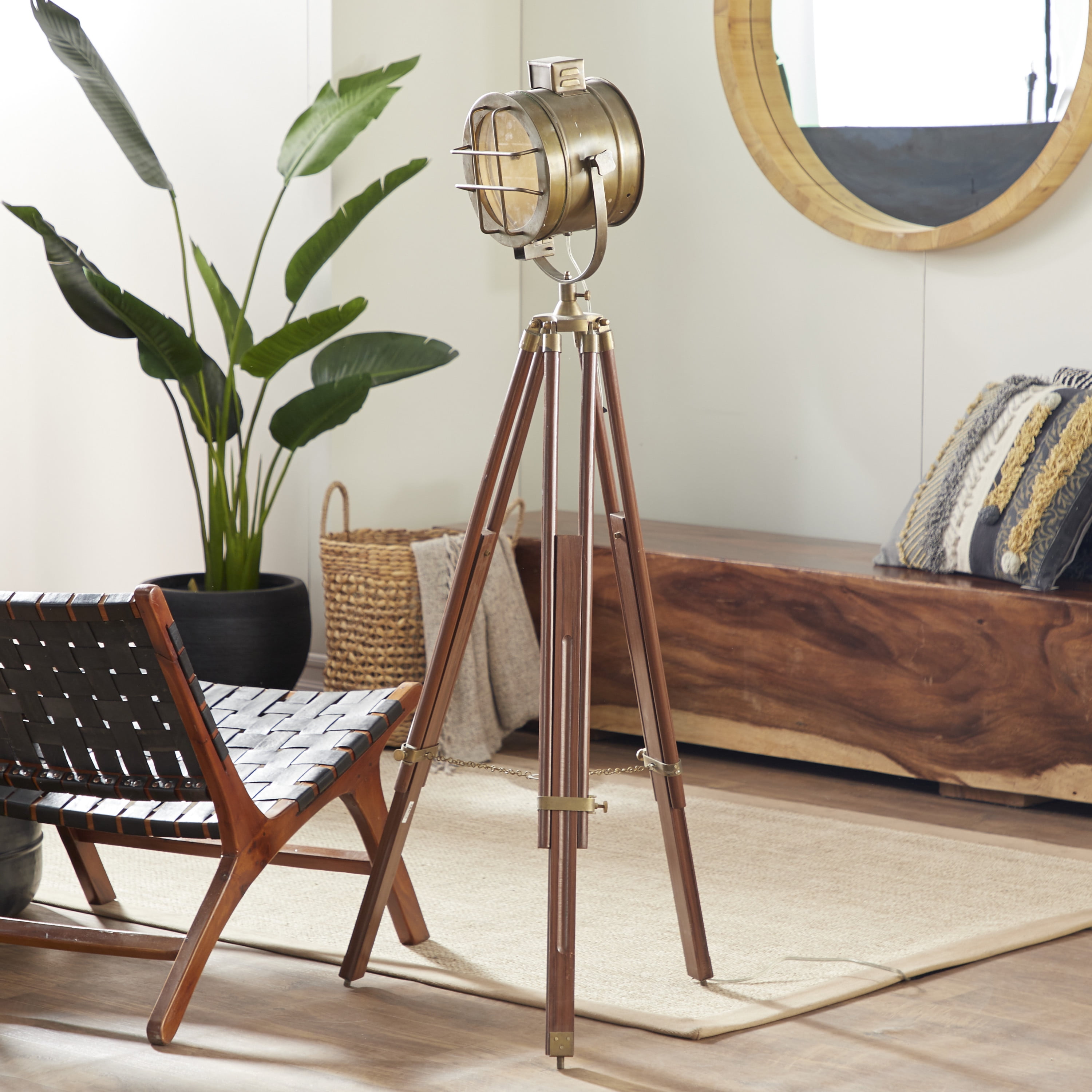DecMode 71" Spotlight Brown Floor Lamp with Brass Metal Shade