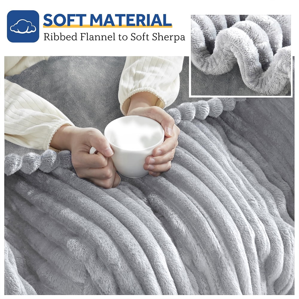 Heated Blanket Electric Queen Striped Flannel Blanket 84"x90" Electric Blanket with 6 Heat Settings 10 Hour Timer Auto Shut Off, Grey