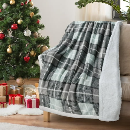 Plaid Sherpa Throw Blanket Reversible Micro Fleece TV Blanket All Season for Bed or Couch 50 x 60