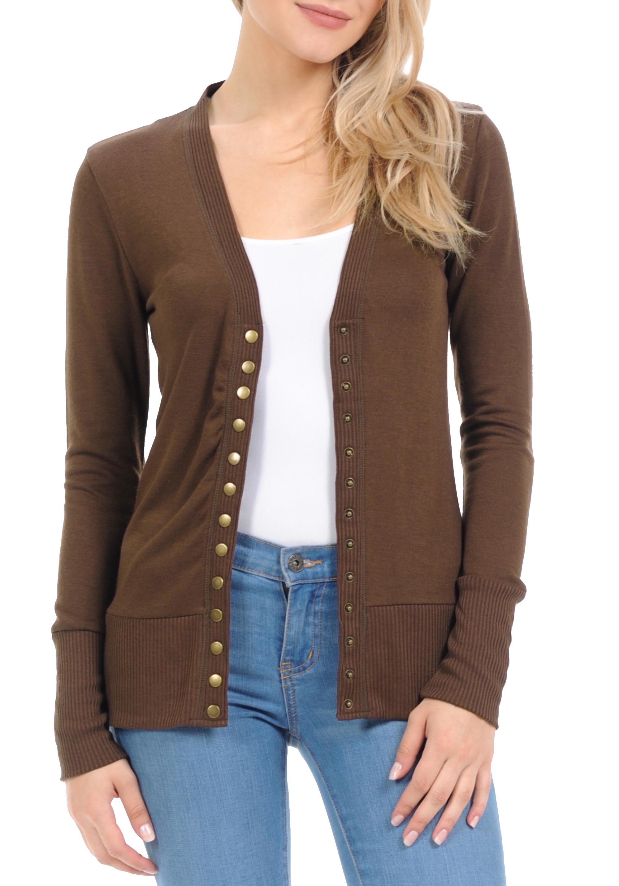 ClothingAve Women s Long Sleeve Snap Button Sweater Cardigan W Ribbed 
